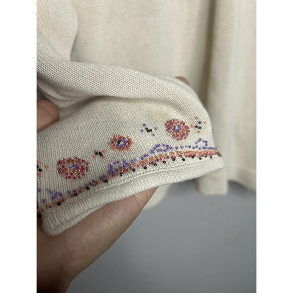 Sigrid Olsen Cotton Blend Beaded Floral Cream Sweater V Neck Vintage Size XL - Picture 3 of 9